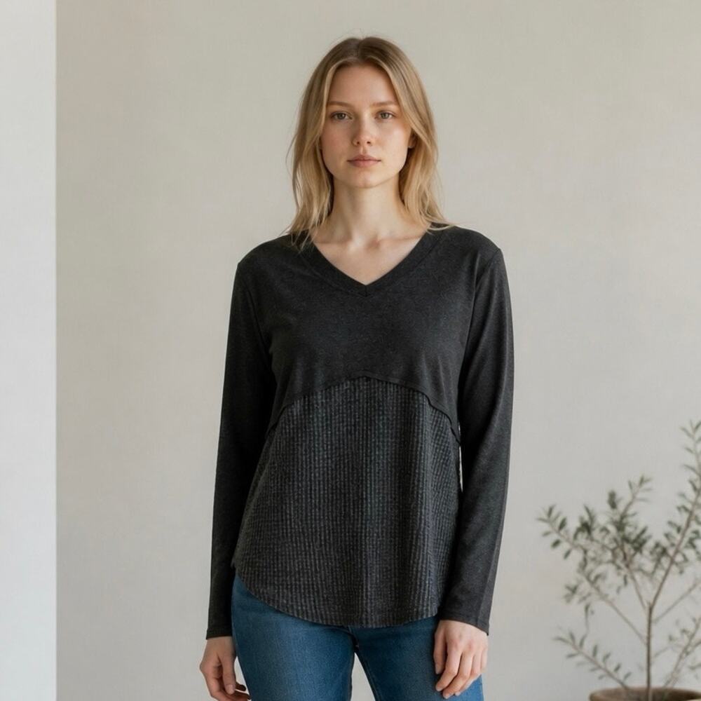 Knox Rose Womens Top Size Large Dark Gray Waffle Knit Strappy Back Long Sleeve